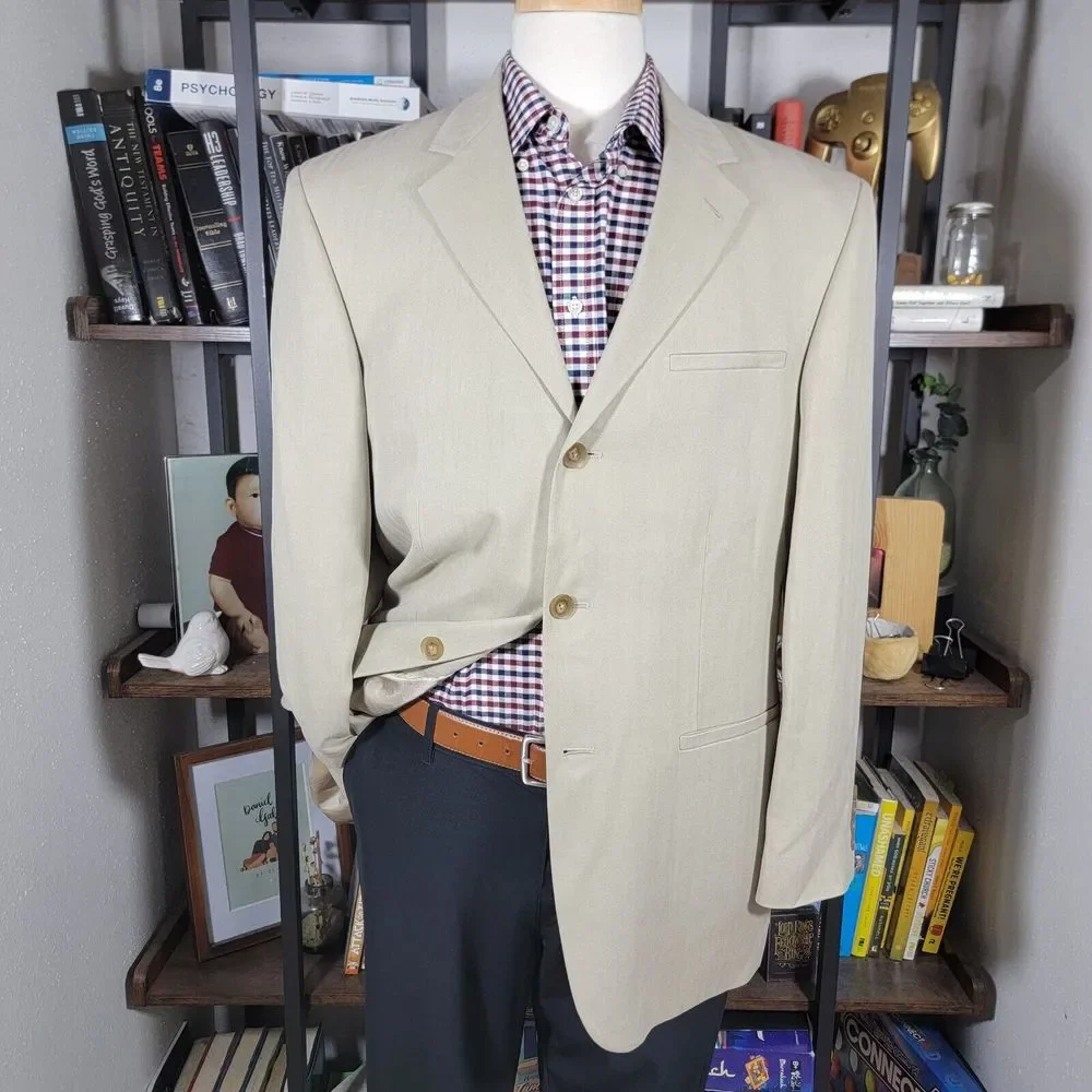 Geoffrey Beene Men's Sport Coat Blazer Three Button Beige Herringbone Silk 41R
